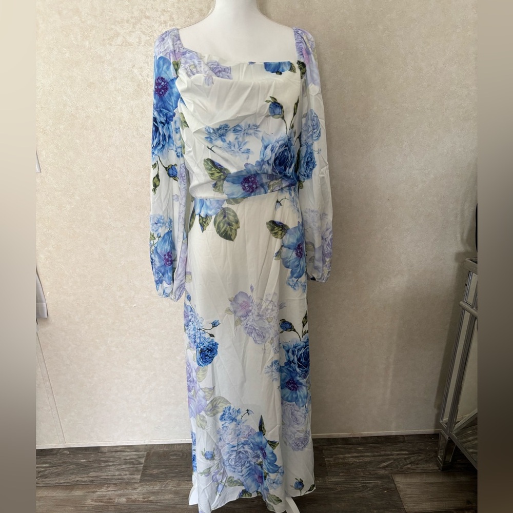 SHEIN White Maxi Dress with Blue Floral Print